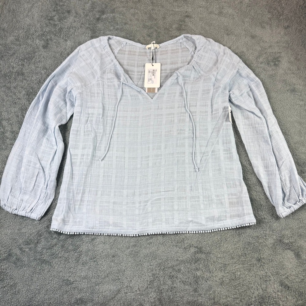 Skin LT Blue Crinkled Baby‎ Long Sleeve Top V-Neck Tie Pom Pom Trim NWT Size 1